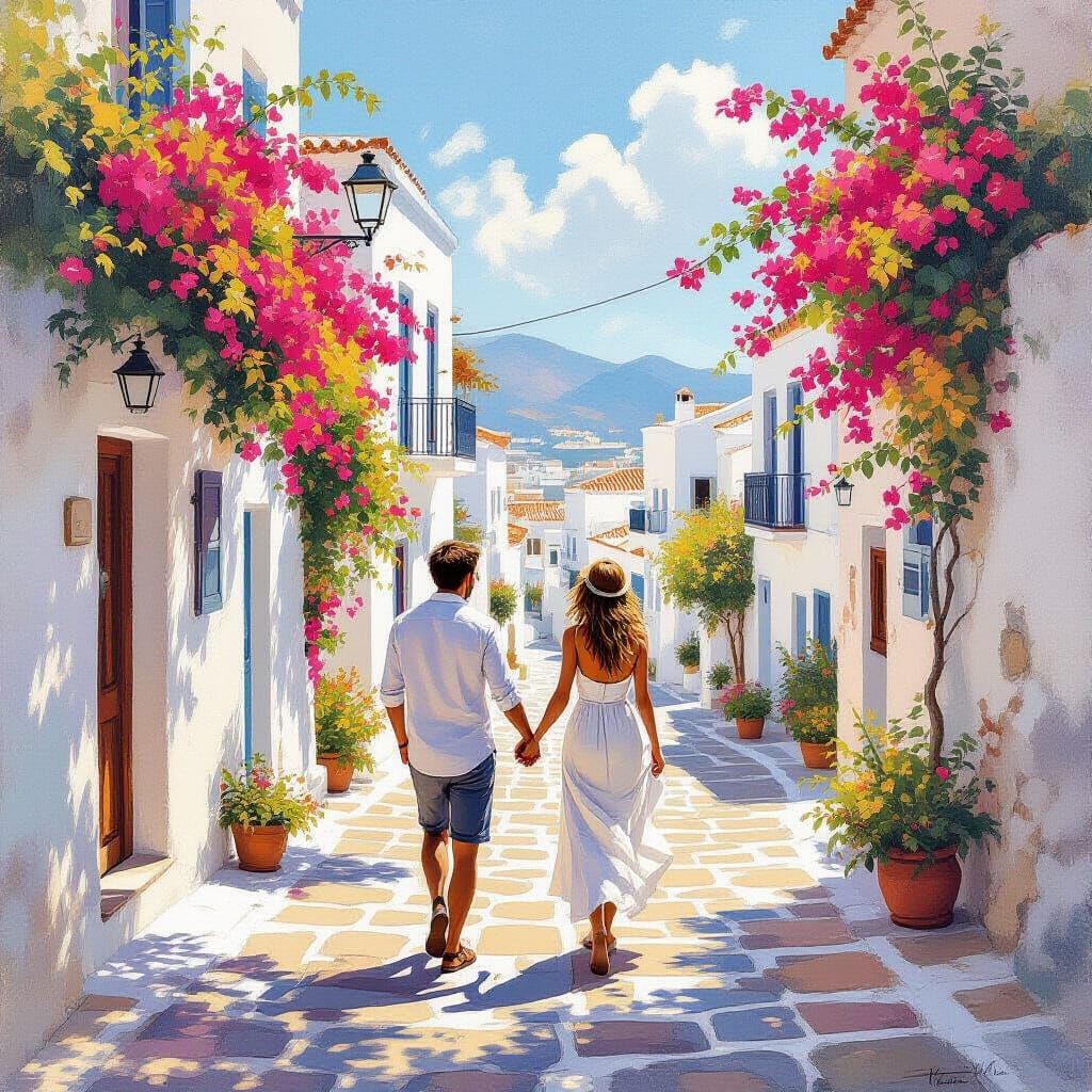 Joyful Couple Strolls Greek Village Street
