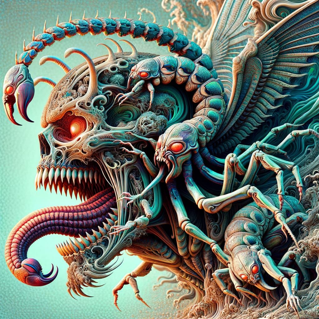 Surreal Scorpion Humanoid Transformation in Ancient Temple