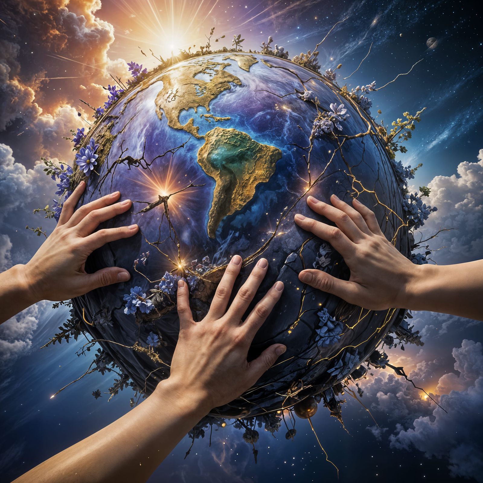 Diverse Hands Stitch Earth with Light in Surreal Realism