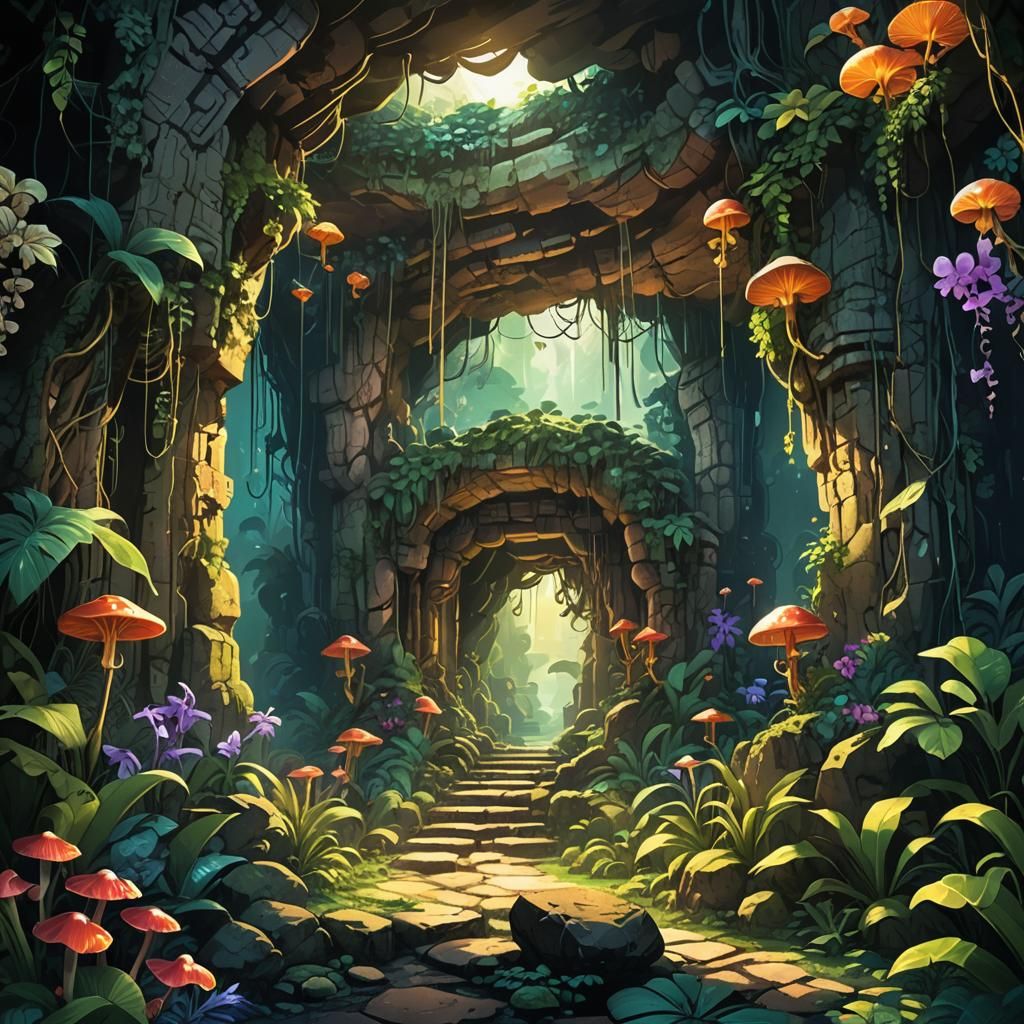Mysterious Jungle Cave with Anime Style Ruins