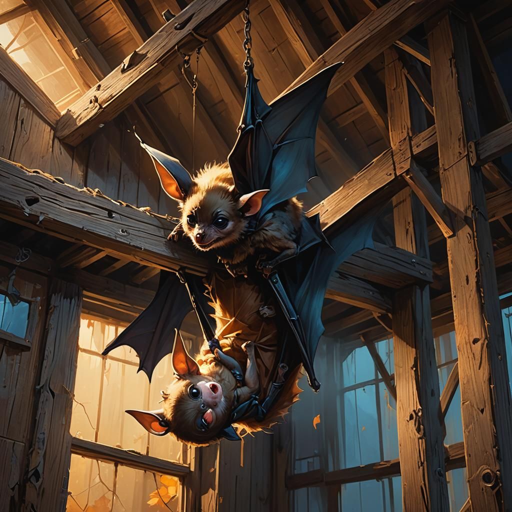 Baby Bat in Barn: Contemporary Fantasy Art