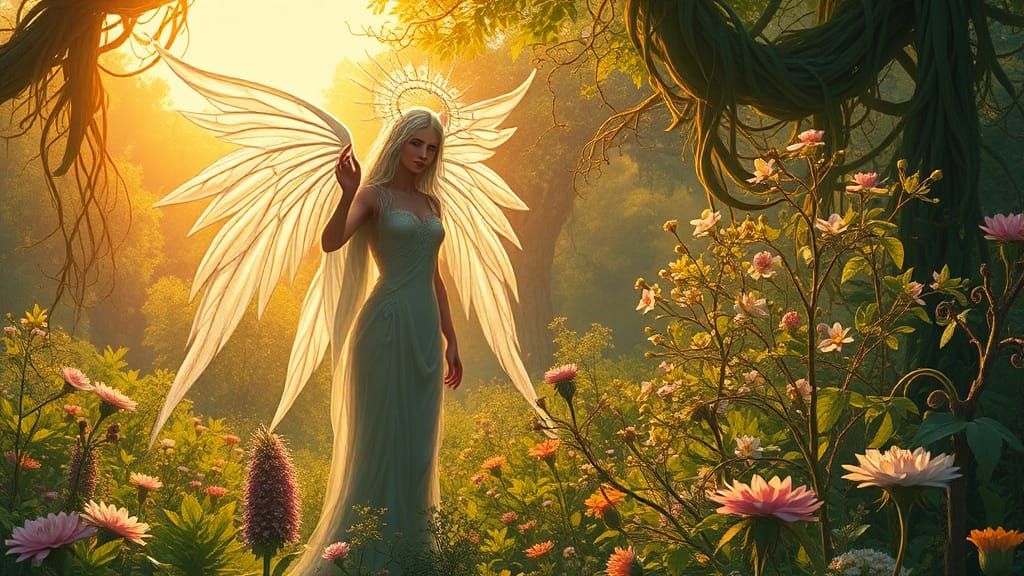 Ethereal Figure in Lush Garden, Oil Painting