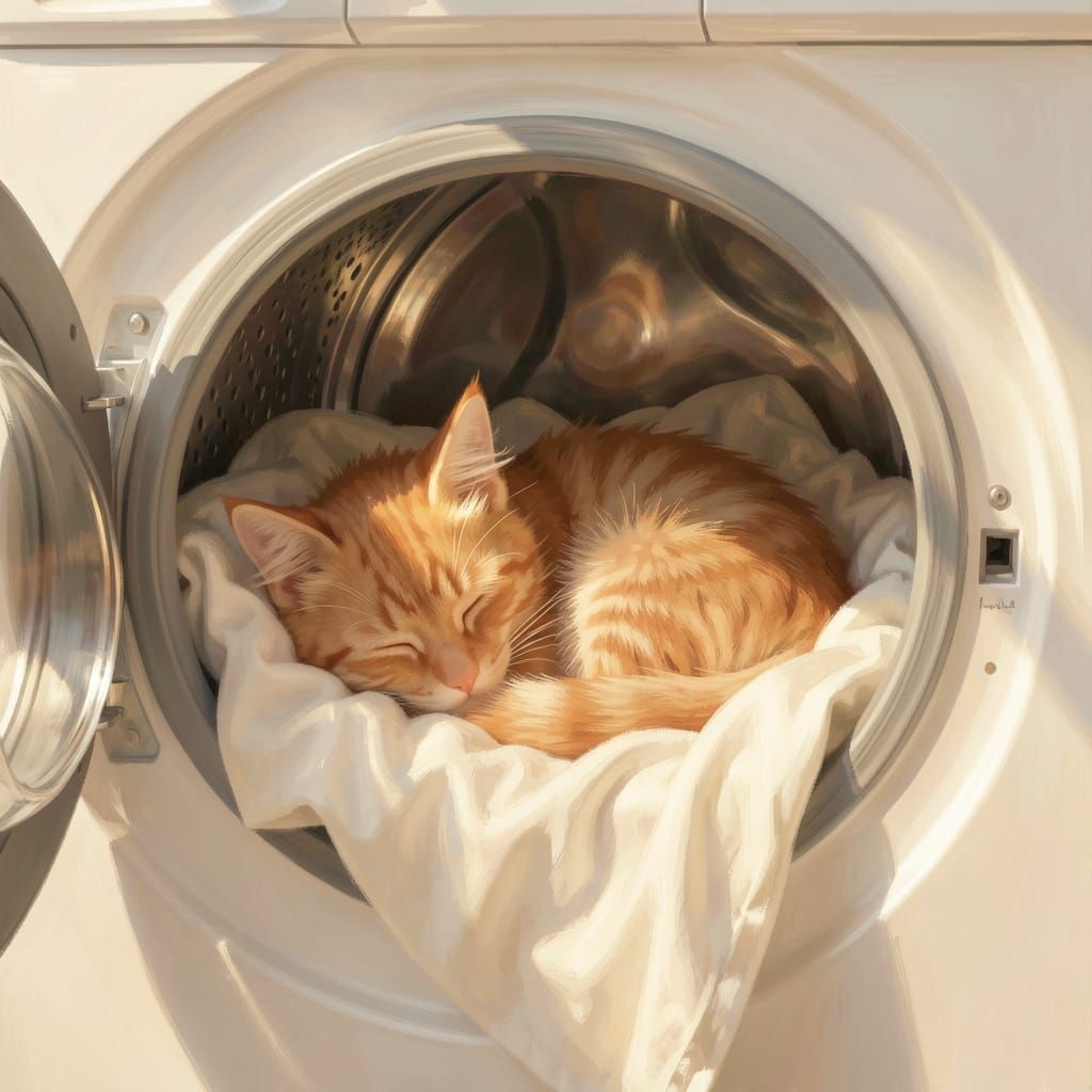 Fluffy Ginger Kitten Sleeps in Washing Machine
