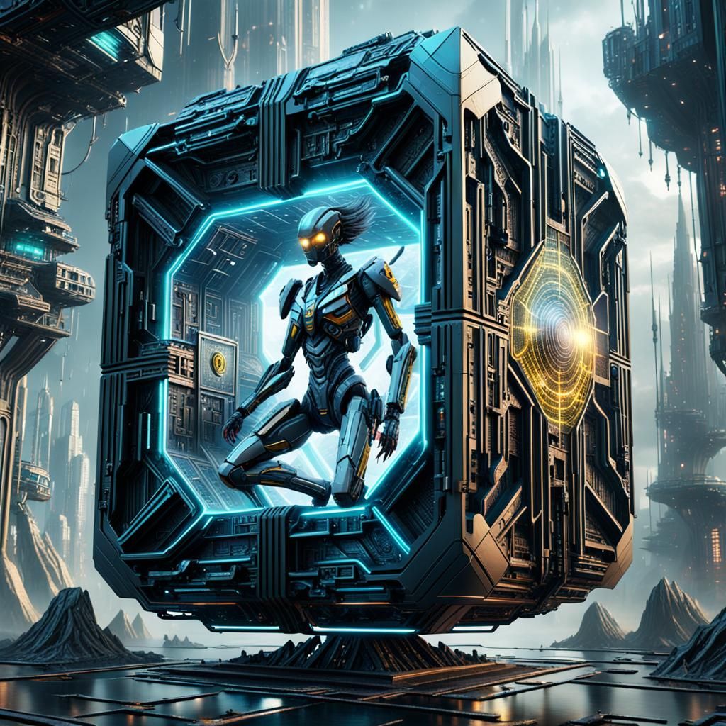 Angel Trapped in Cybernetic Cube: Detailed Matte Painting