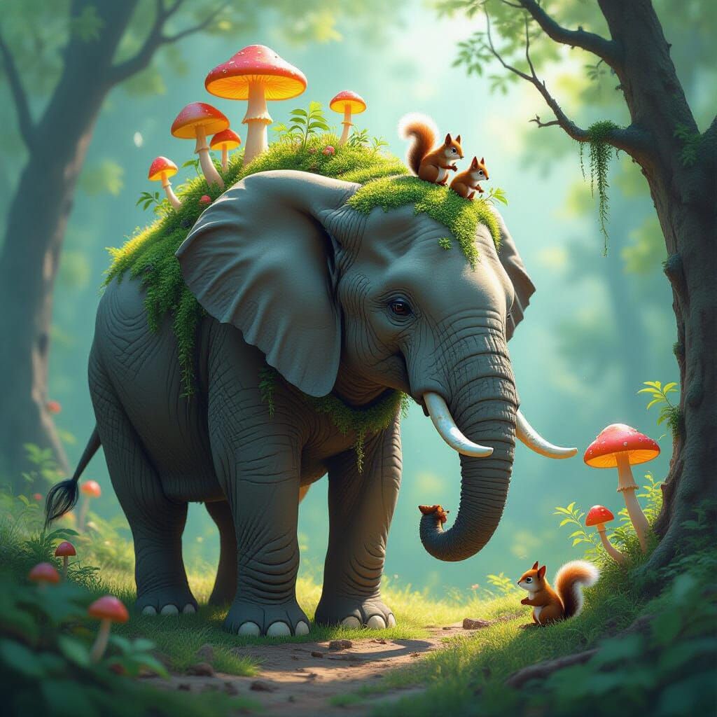 Giant Elephant Guardian of Miniature Forest, Dreamy Art