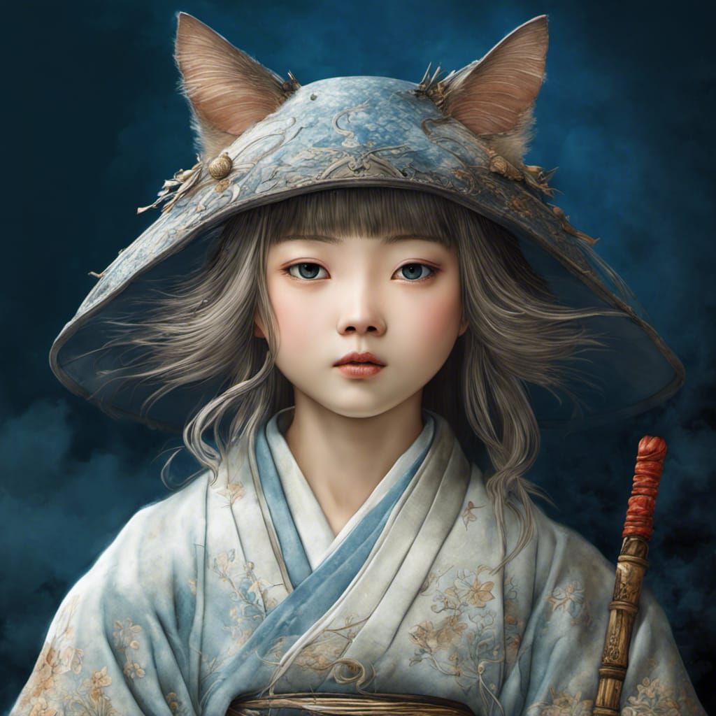 Beautiful Asian Neko Yokai in Watercolor Style