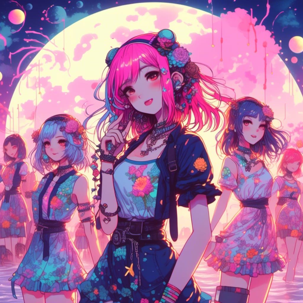 Cyberpunk Girls Rave on Bioluminescent Beach