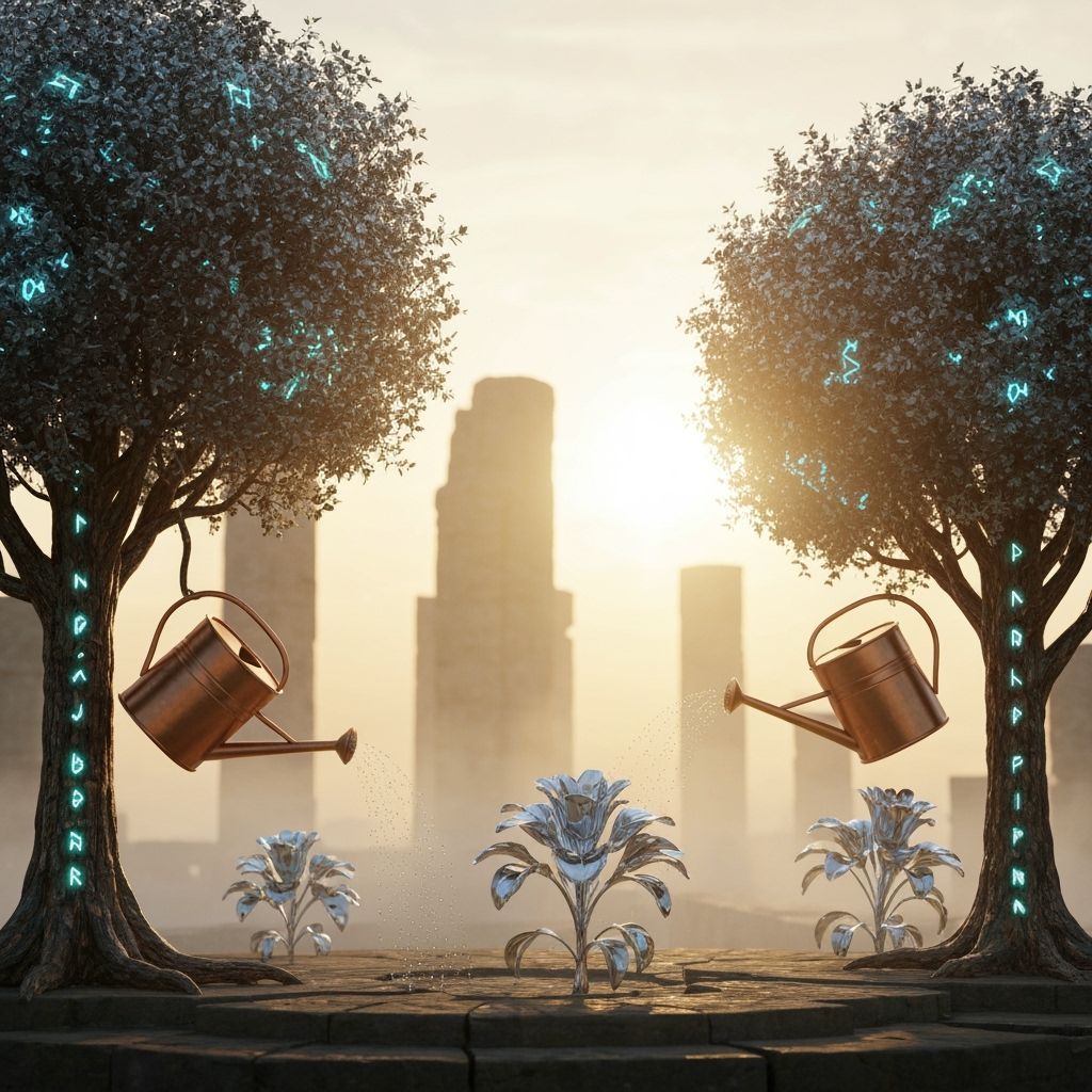 Robot Trees Water Chrome Flowers in Ancient Ruins at Sunrise