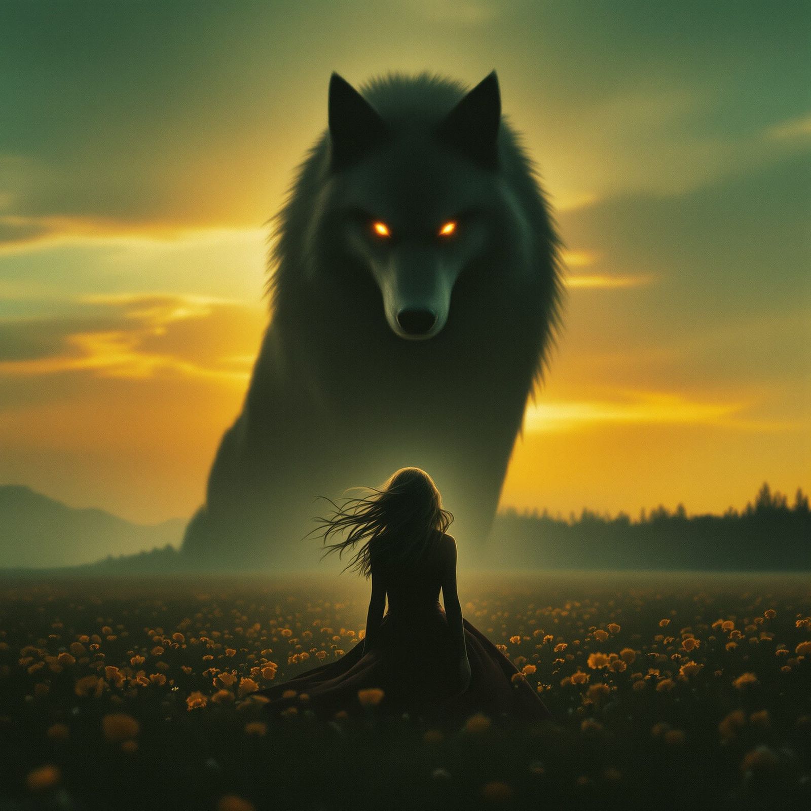 Mysterious Woman and Werewolf Silhouette at Golden Hour