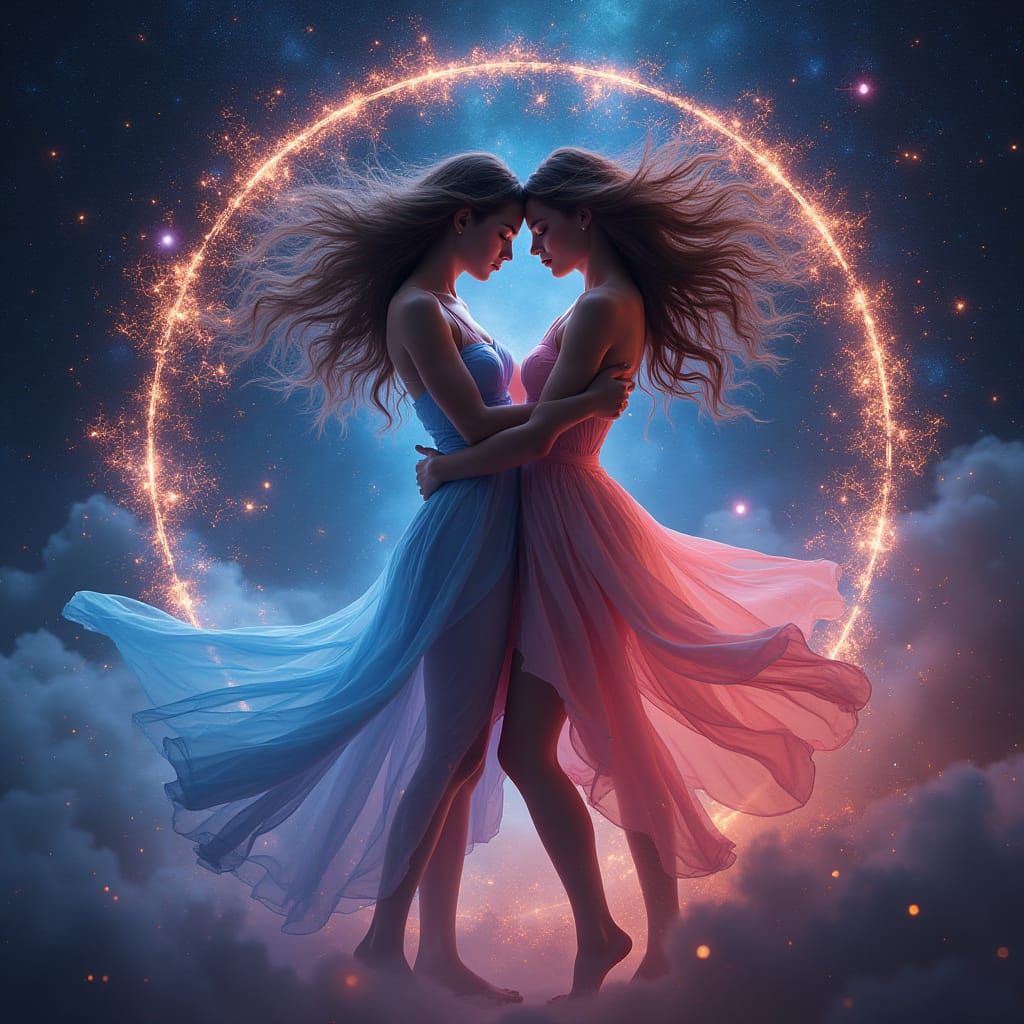 Sensual Gemini Goddesses Unite in Futuristic Cosmic Dance