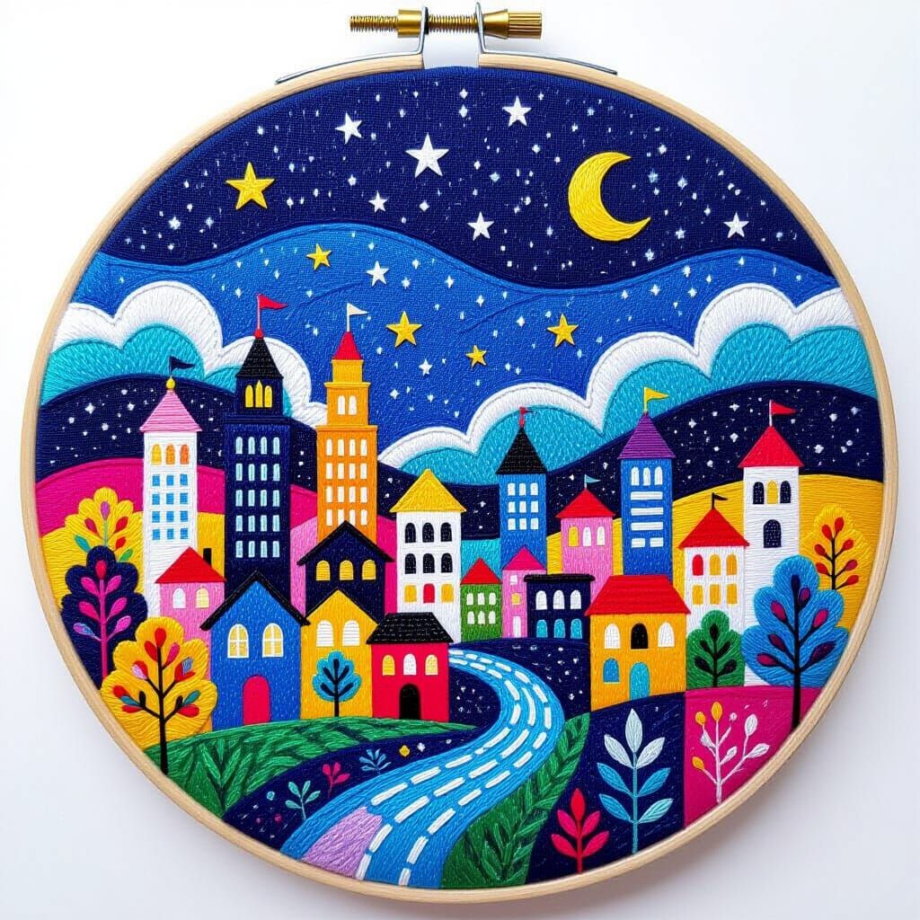 Dreamy Cityscape Under Starry Sky Embroidery
