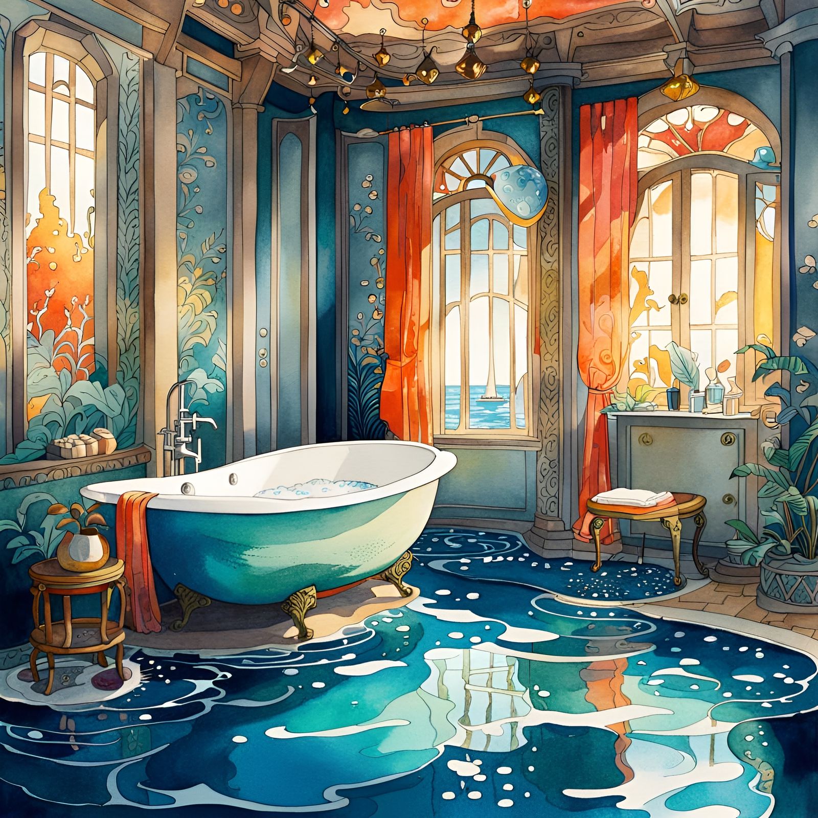 Dreamy Sea Fantasy Bathroom in Watercolor Style