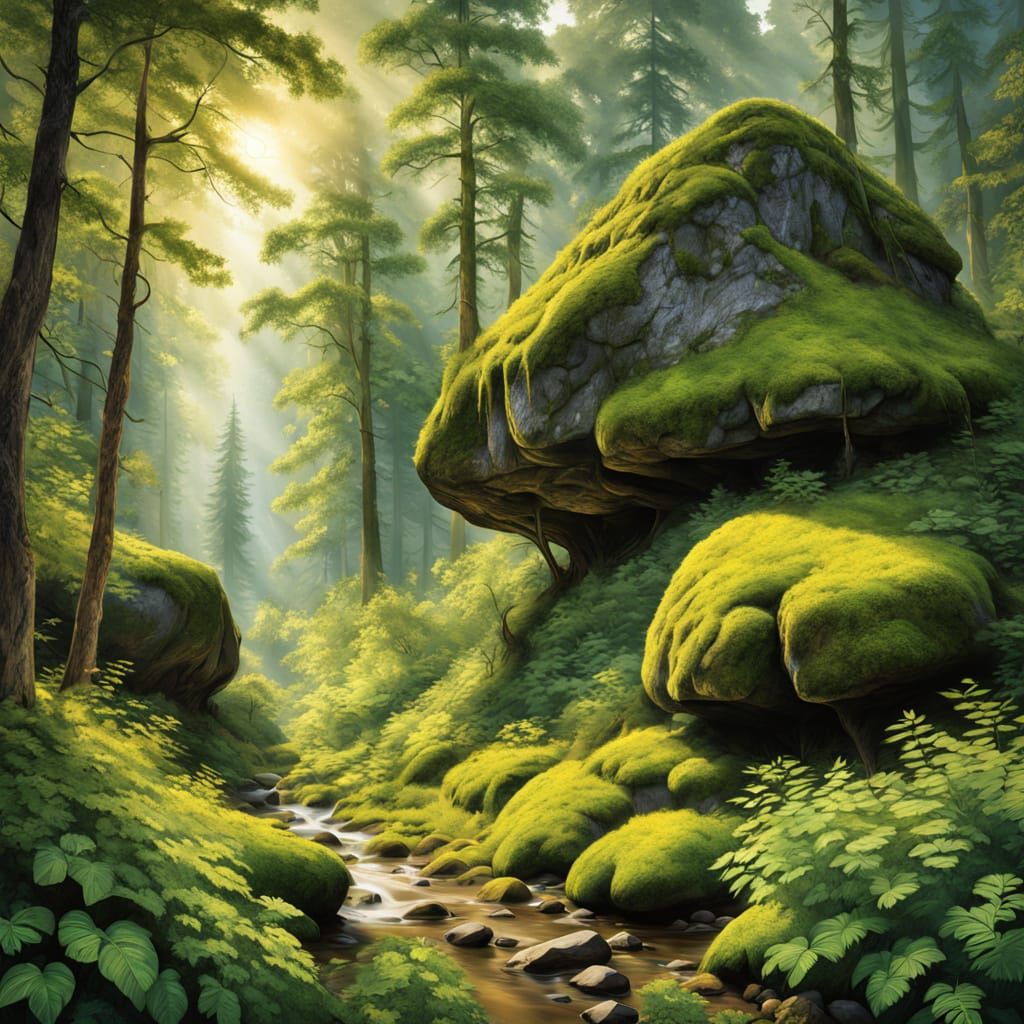 Weathered Boulder in Lush Forest Landscape