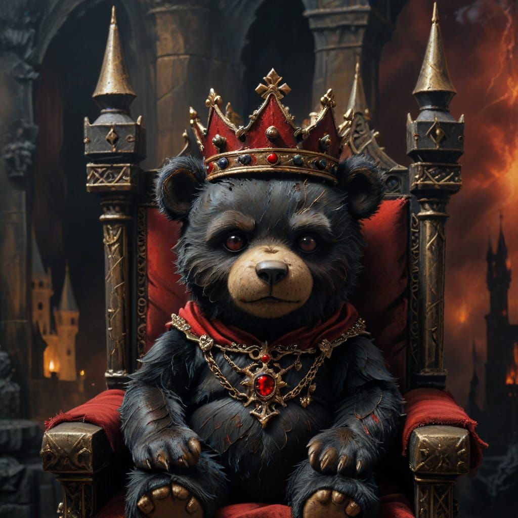 Evil Teddy Bear King: Gothic Oil Painting