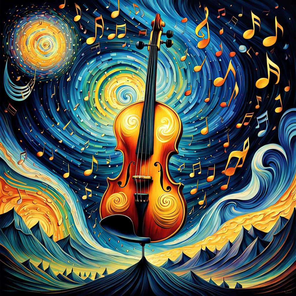 Hyperrealistic cinematic illustration. Medium shot. Iridescent Music notes dripping in paint with melody flying in air.....