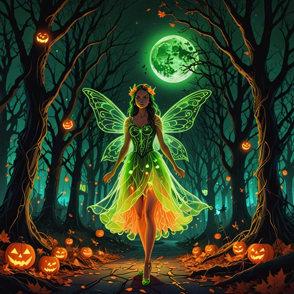 Neon Fairy at Halloween Party in Spooky Woods