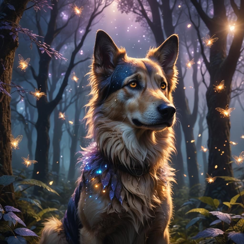 Mystical Forest Dog with Iridescent Fur