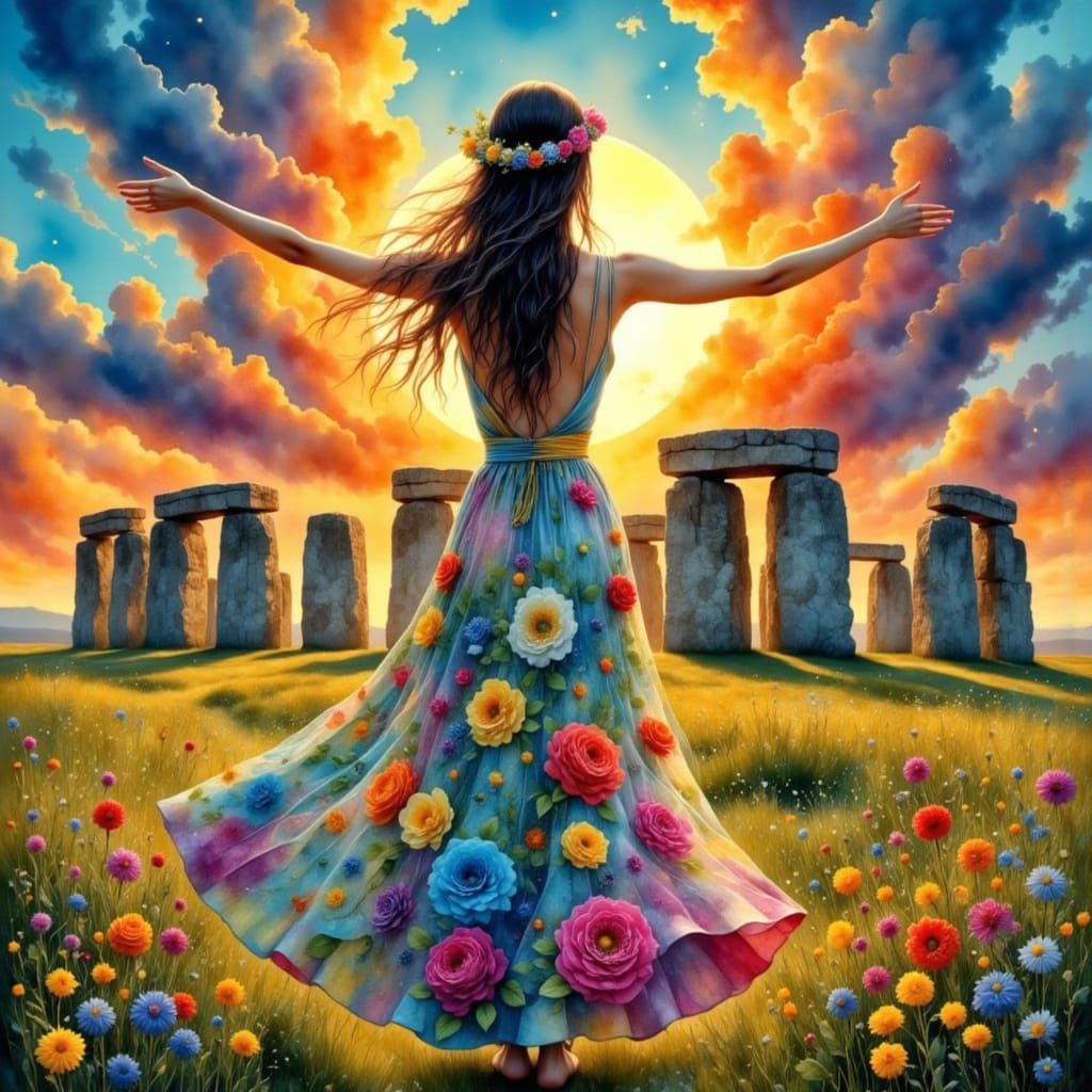 Vibrant Boho Woman Dances Among Ancient Stones in Whimsical ...