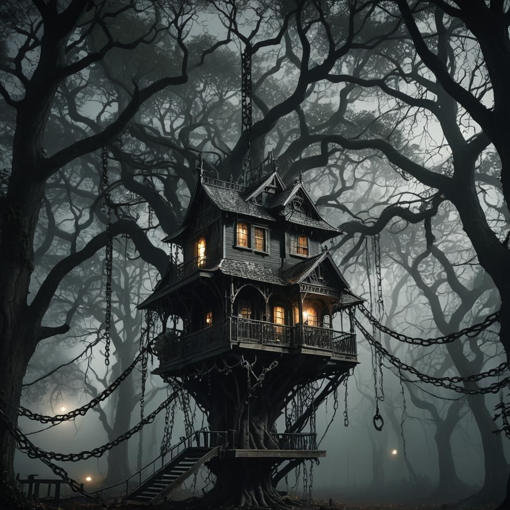 Gothic Metal Treehouse in Haunted Forest at Night