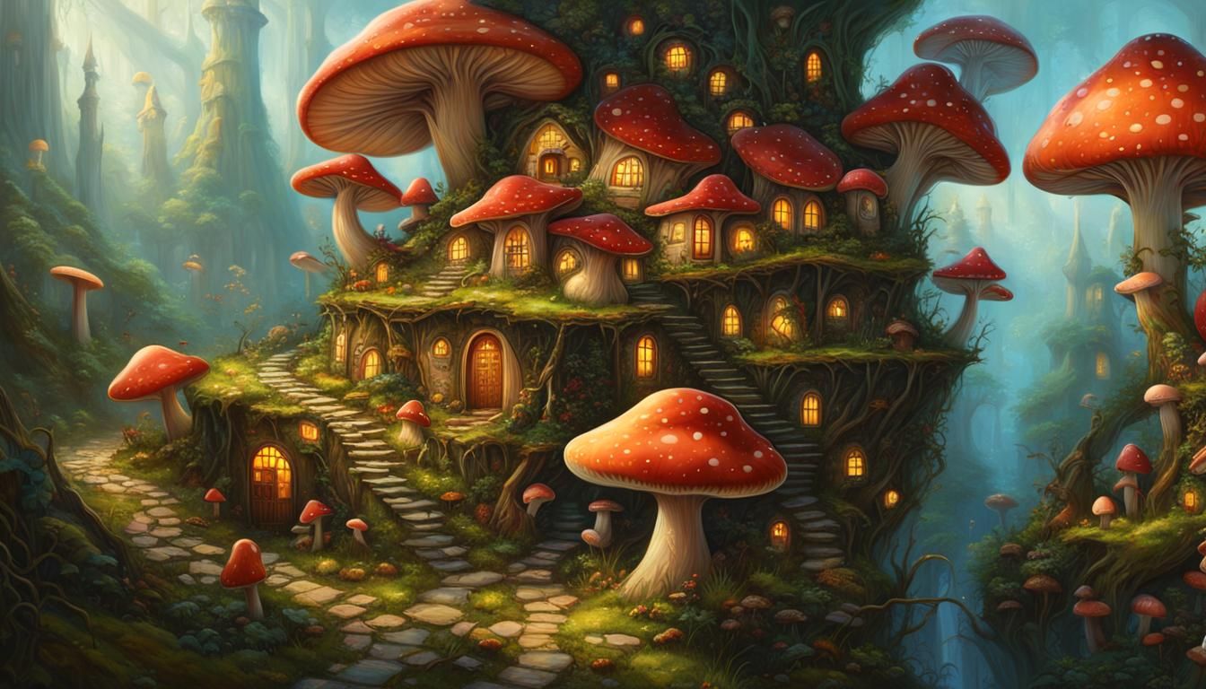 Mushroom Fairy Cityscape in Fantasy Illustration