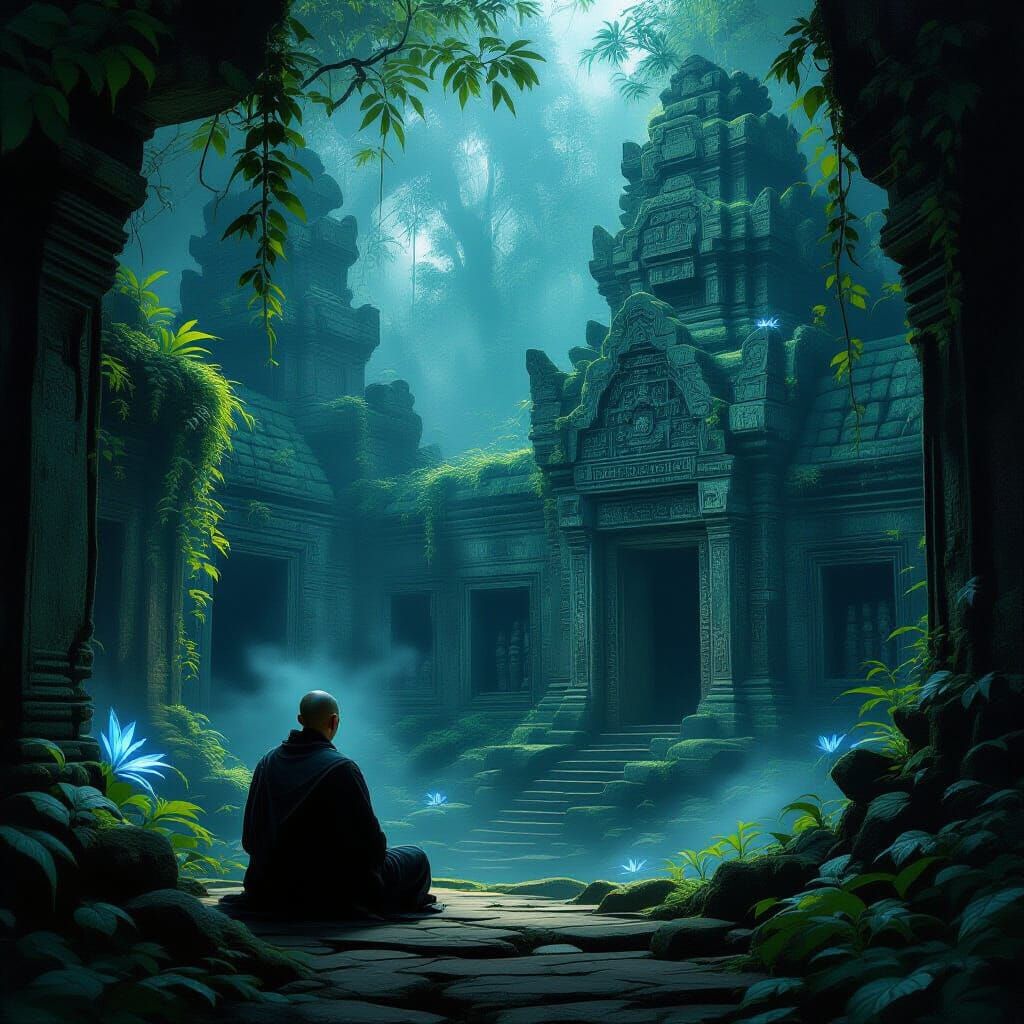 Monk Meditating in Ancient Jungle Temple