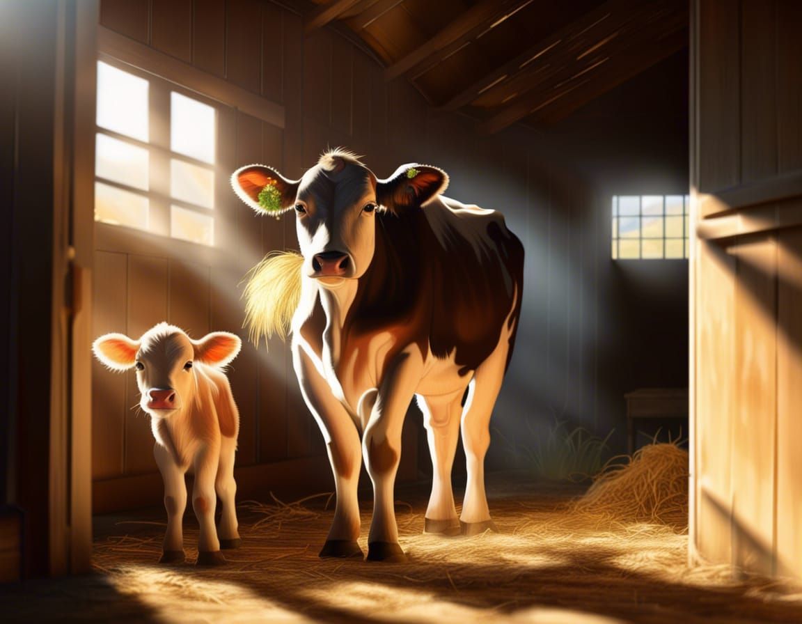 a baby calf in a shed with his mother cow with straw on the ...