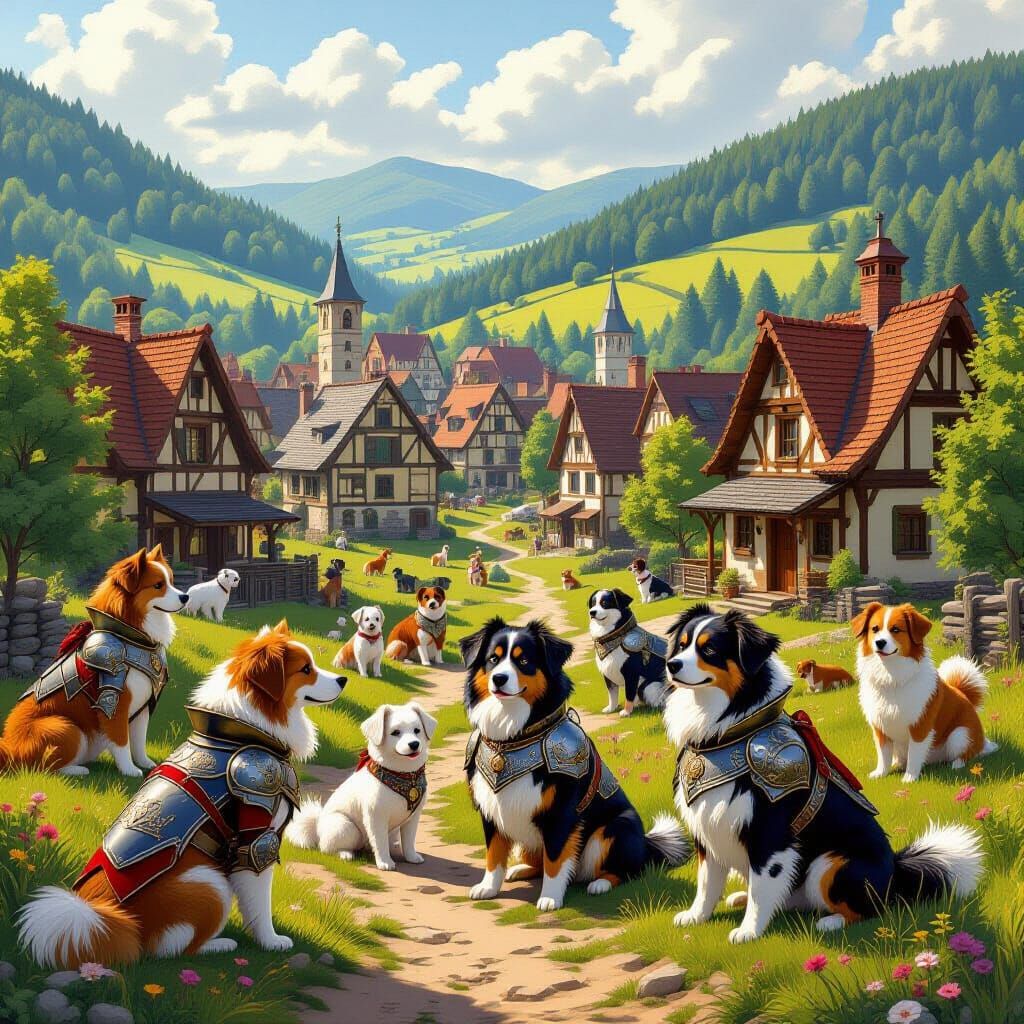Dog Village in Armor Amidst Rolling Hills