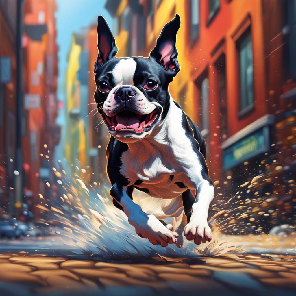 Boston Terrier Running: Hyperrealistic Splash Art