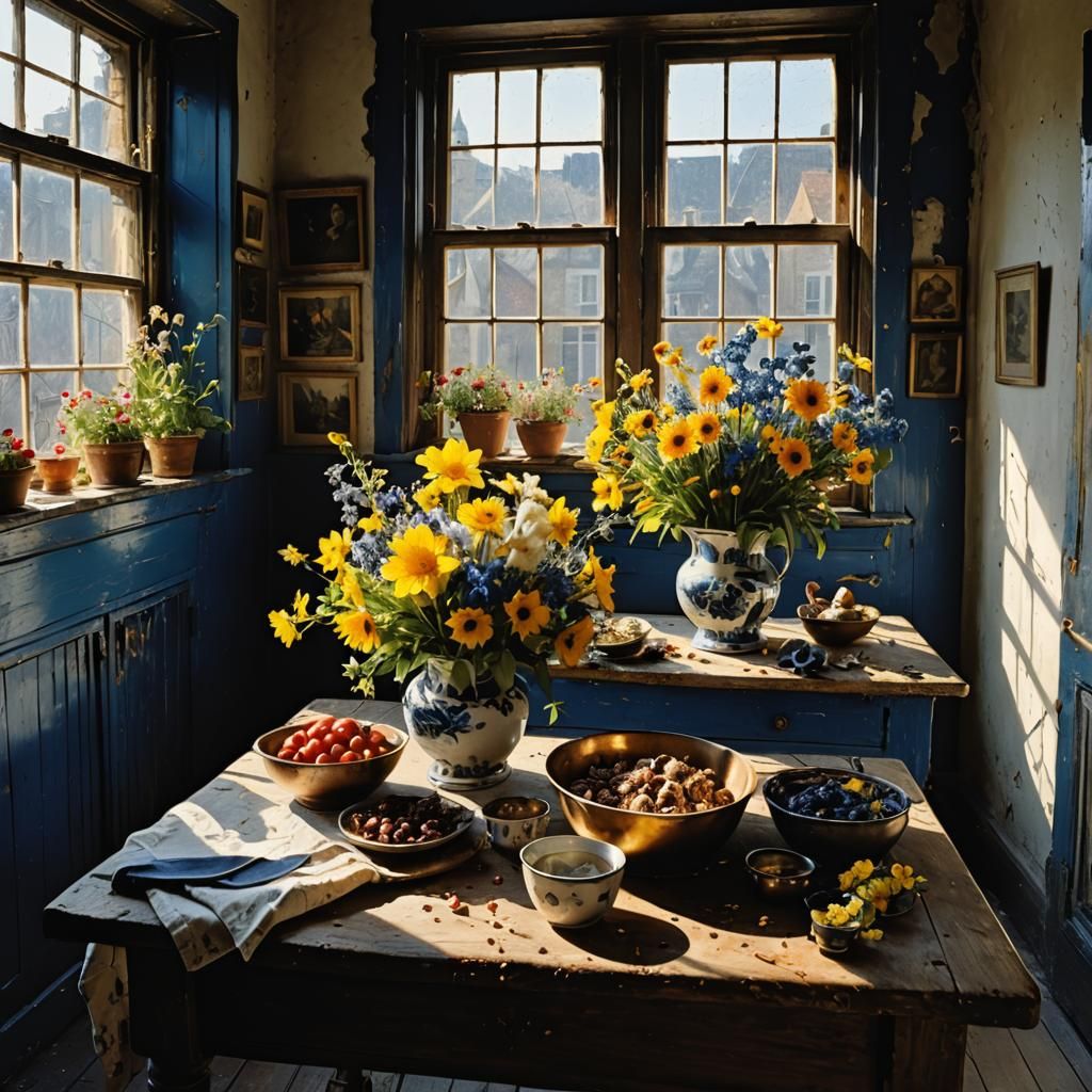 Still Life with Flowers in Magical Realism Style