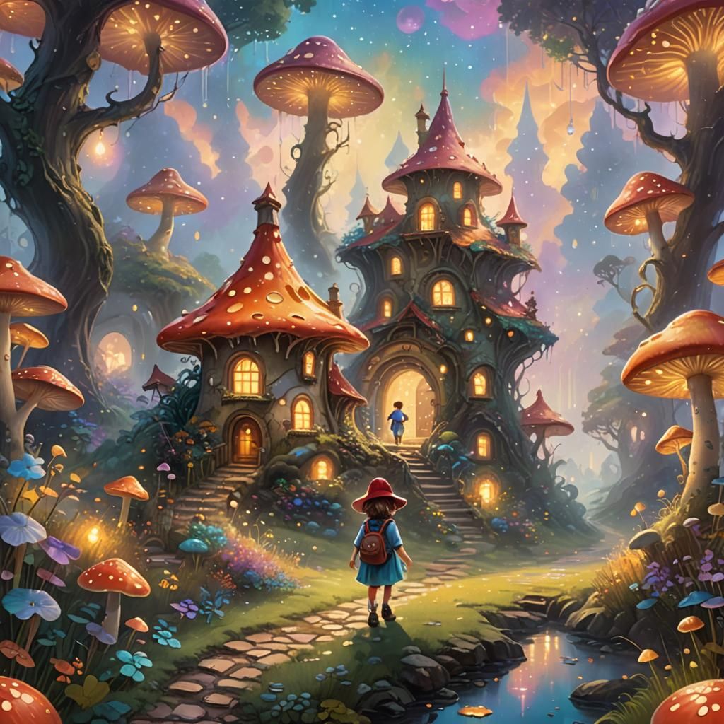 Whimsical Cartoon Character in Ethereal Forest