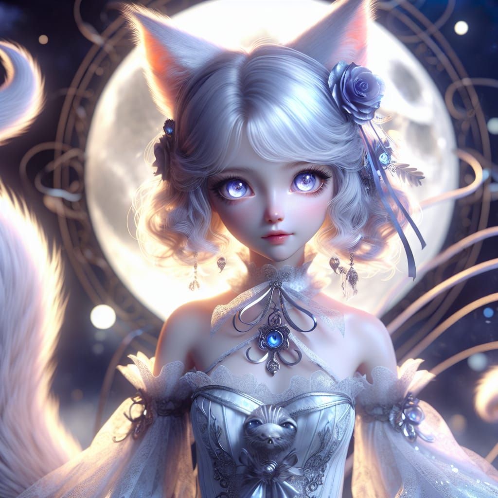 Fantasy Cat-Girl Illuminated by Moonlight