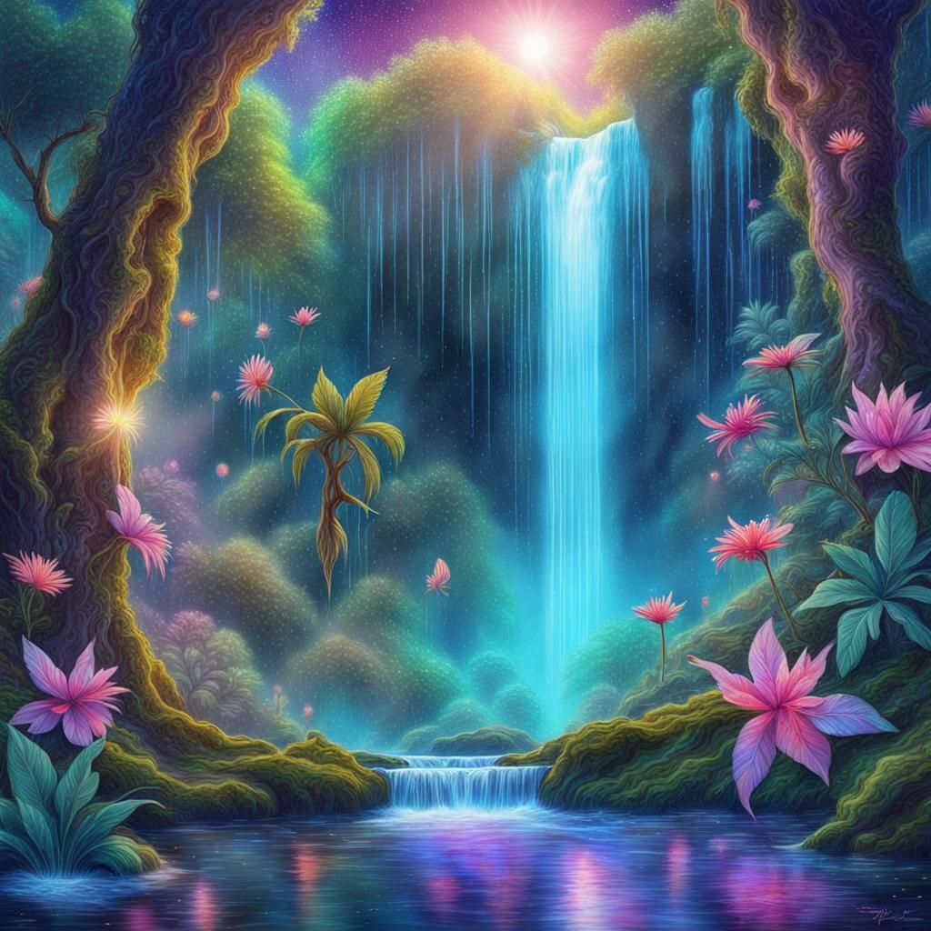 Fantasy Rainforest Waterfall Fairy Scene: Cosmic Illustratio...