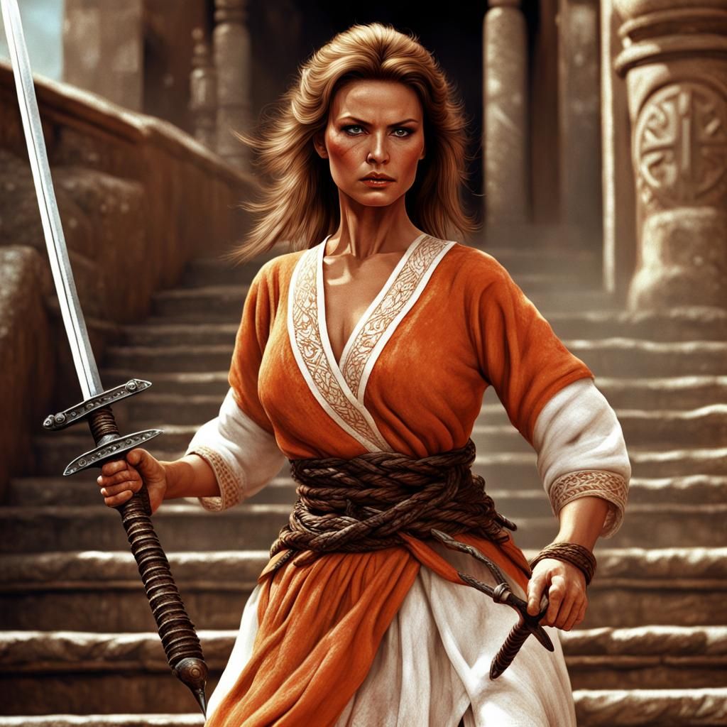 Multi-Armed Warrior Descending Stairs, Detailed Digital Art