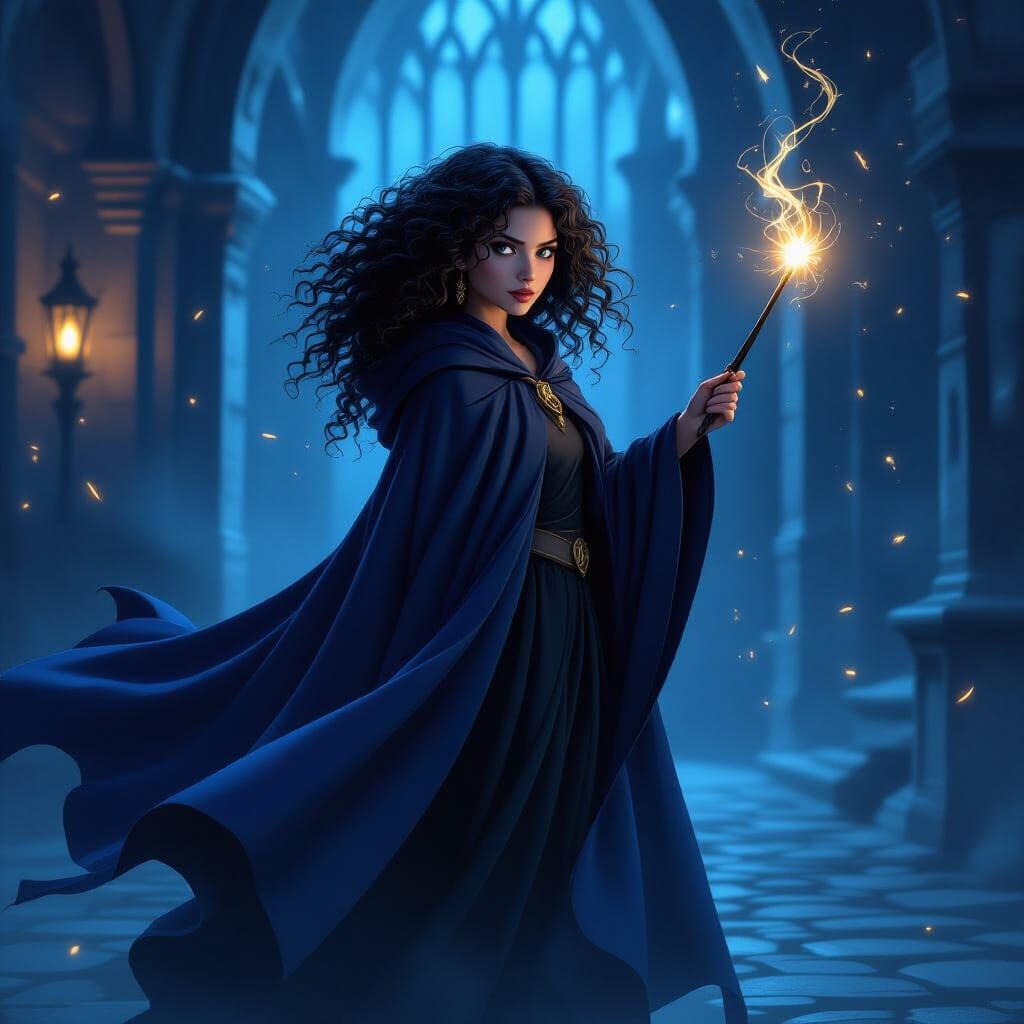 Harry Potter-Inspired Witch in Castle with Magic Wand