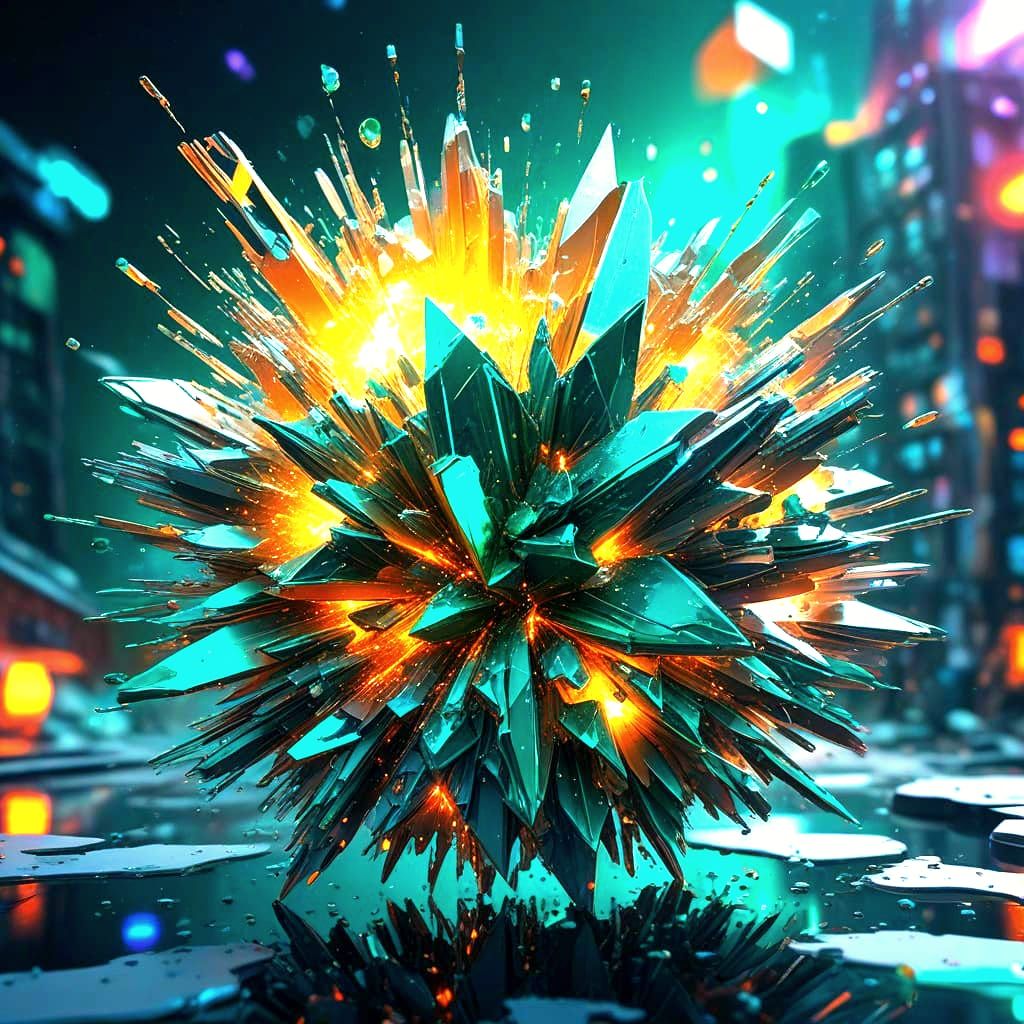 Vibrant Glass Shatters into Emerald Stars in Holographic Sty...