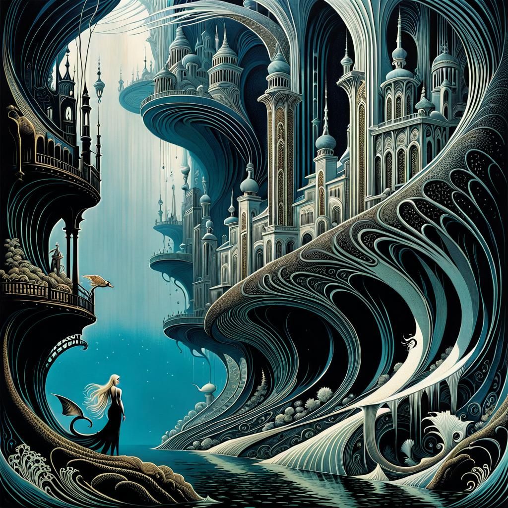 Surreal Underwater City with Merfolk in Chiaroscuro