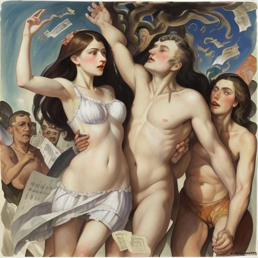 People Leaving Bank, Expressionist Art Style