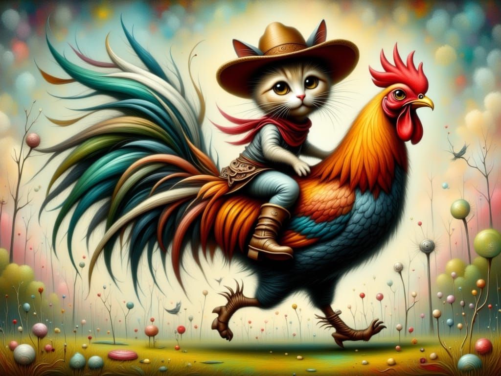 Cat Cowboy Rides Rooster in Whimsical Style
