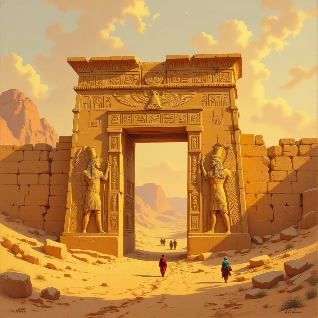 Ancient Assyrian City Gate in Golden Desert Landscape
