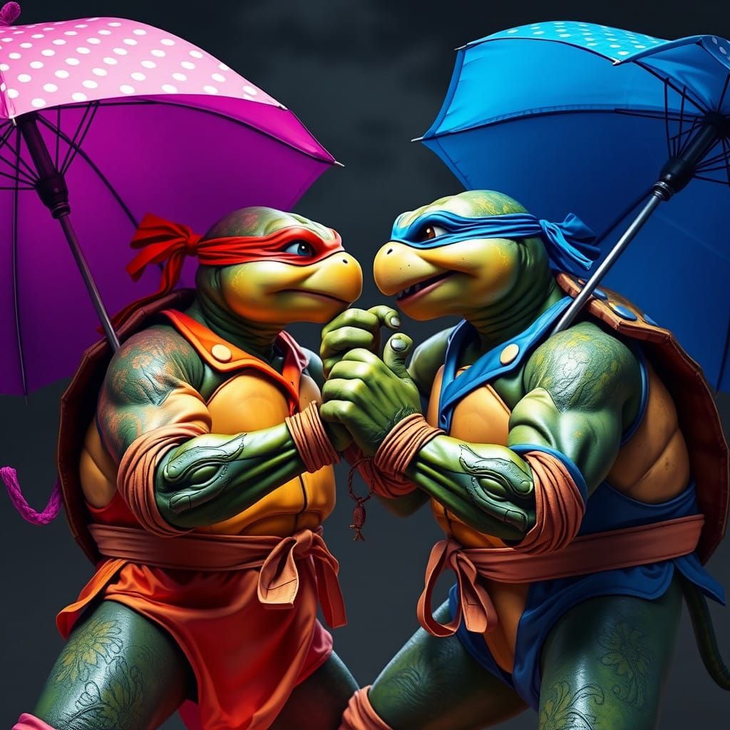 Neon Ninja Turtles Engage in Vibrant Wet Wrestling Match