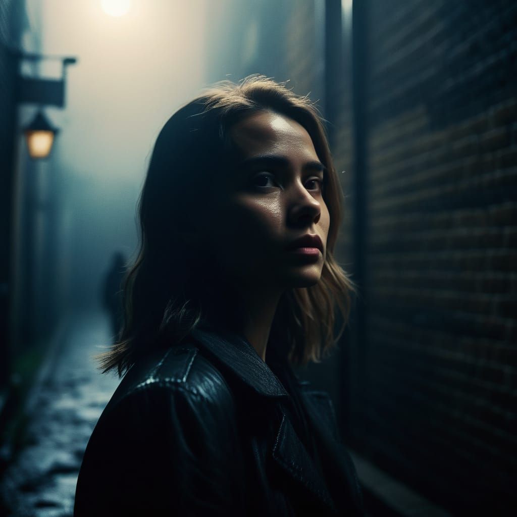 Moody Cinematic Woman in Dark Alley