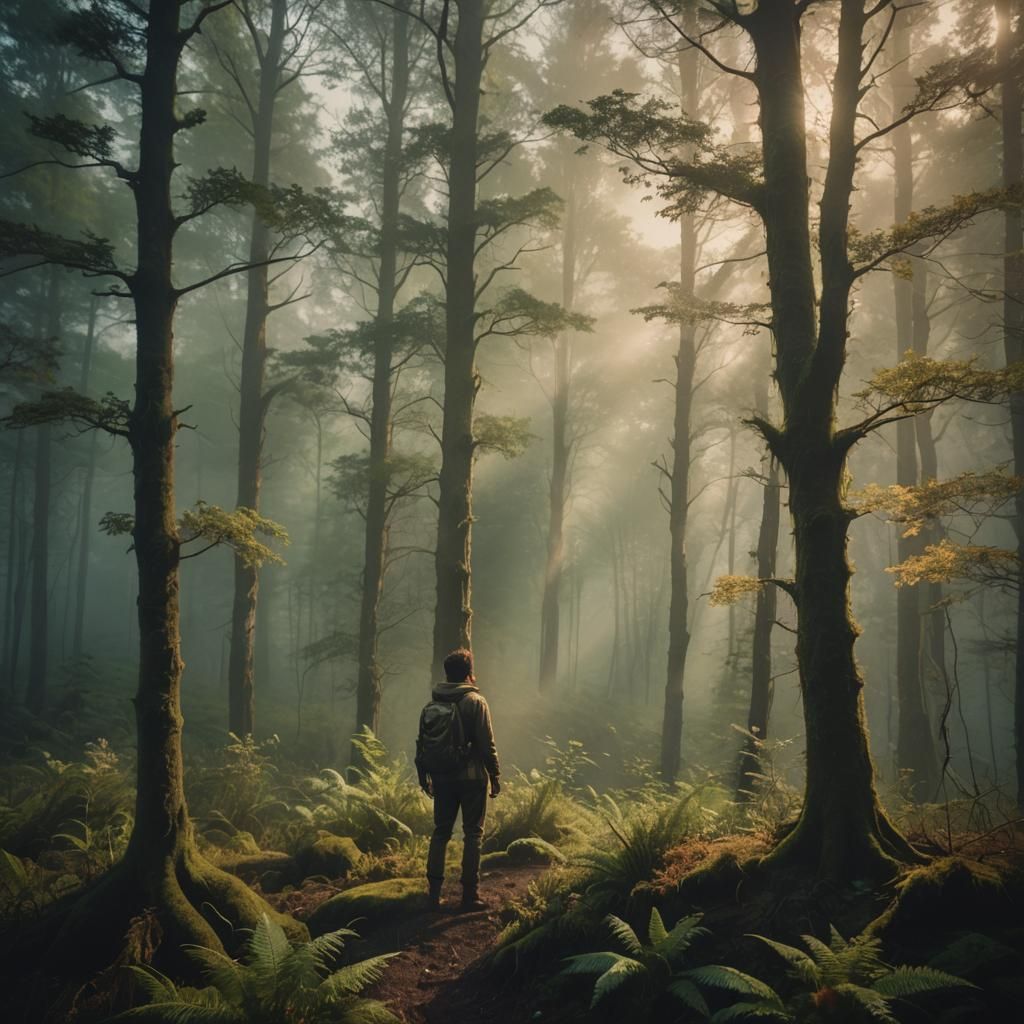 Adventurer in Iridescent Forest: Cinematic Film Still