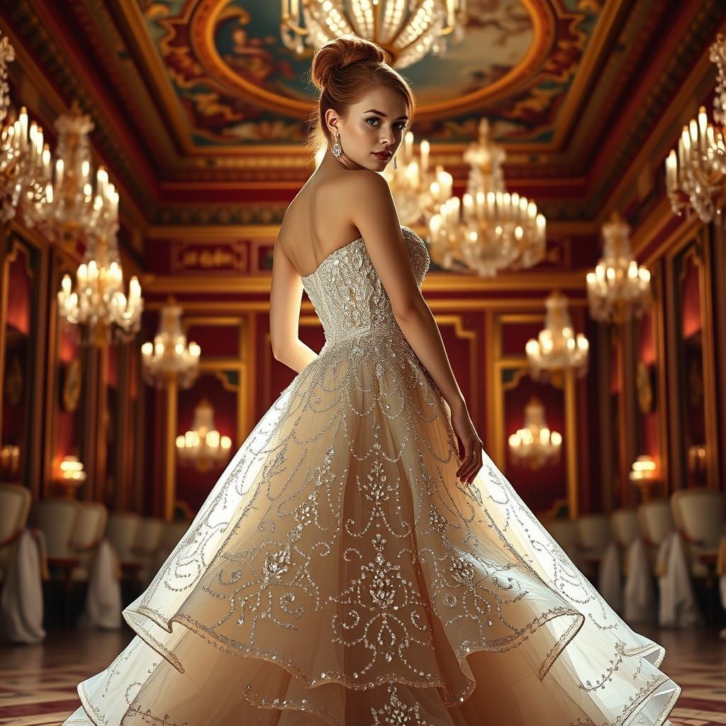 Ethereal Ball Gown in Crystal and Gold with Holly Red Gradie...