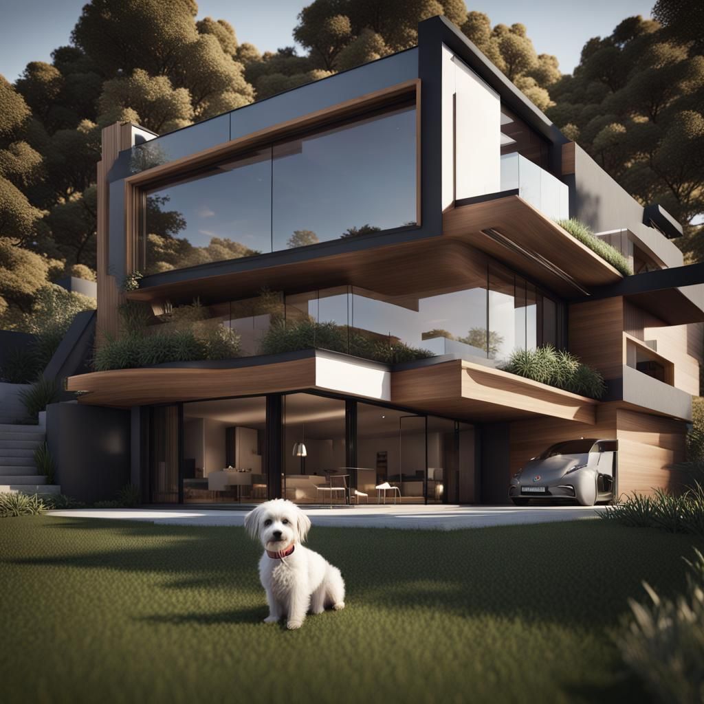 Modern Luxury House with Dog, 3D Rendered
