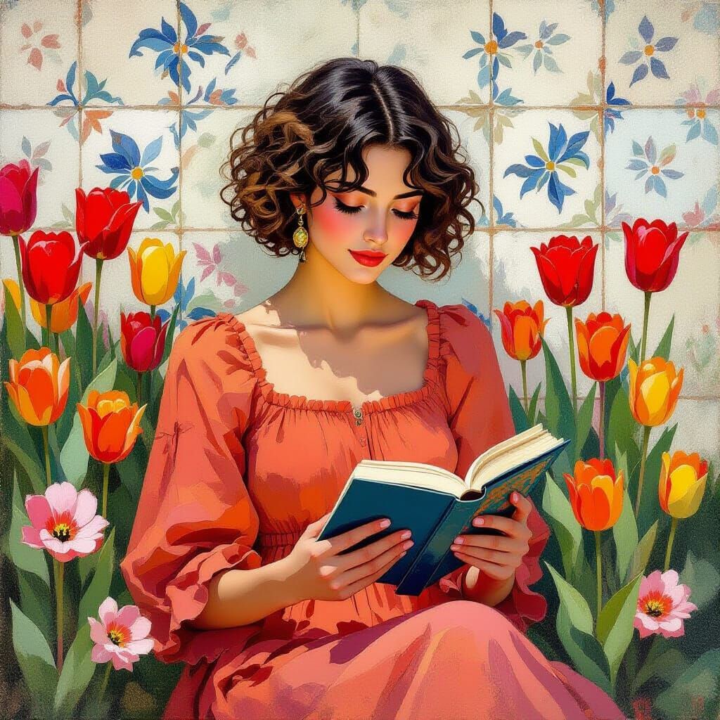 Andalusian Woman Reading, Neo-Expressionist Oil Painting