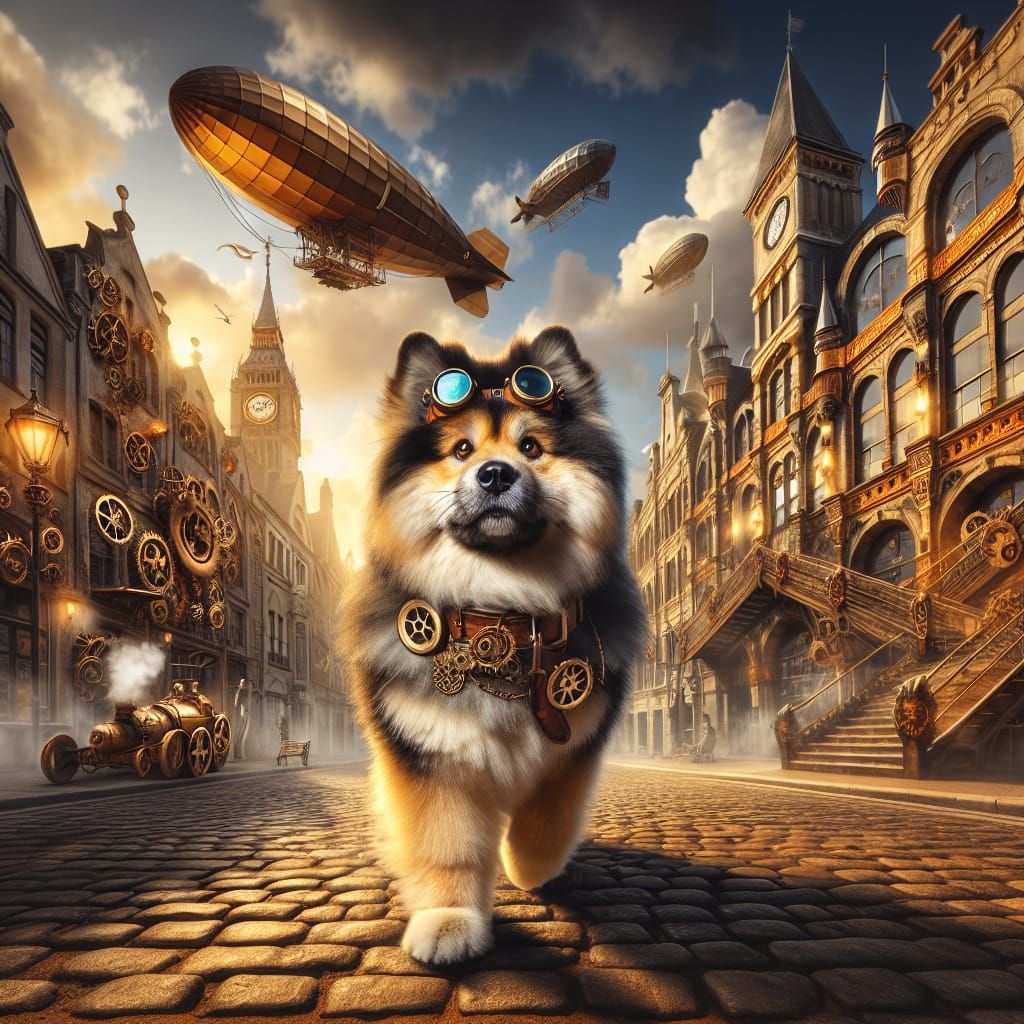 Steampunk Dog in Golden City Sunset