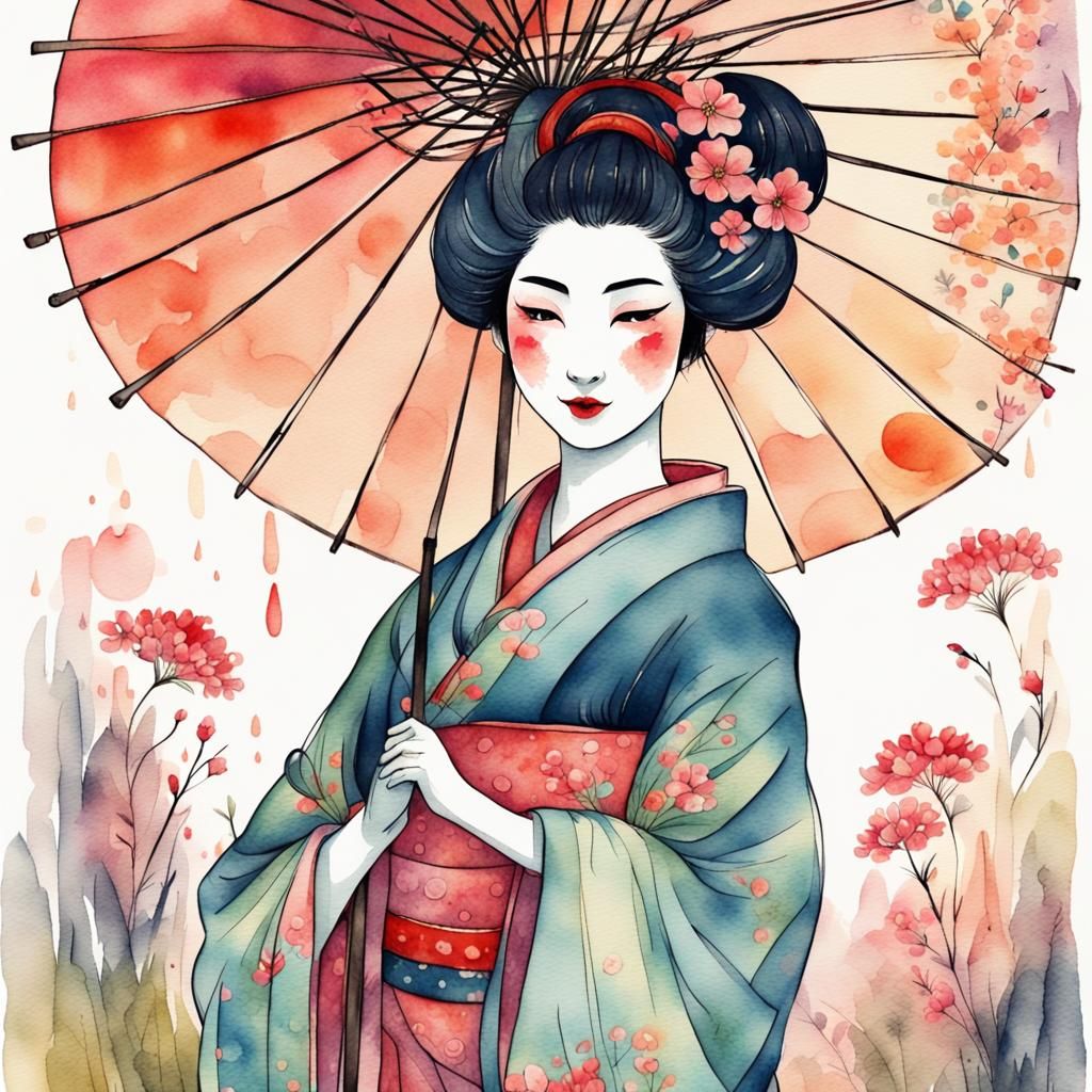 Cheerful Geisha with umbrella