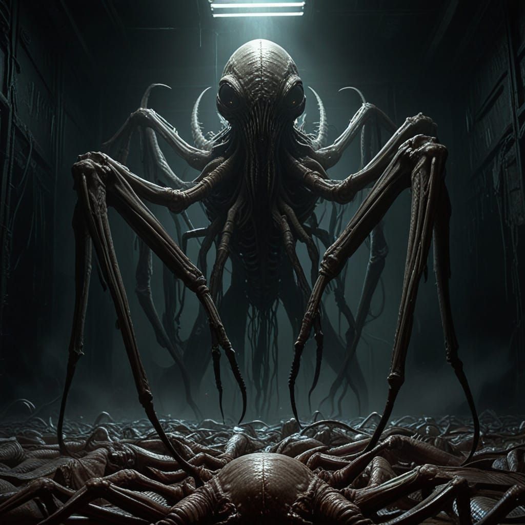 Grotesque Biomechanical Horror Creature in Dark, Eerie Realm