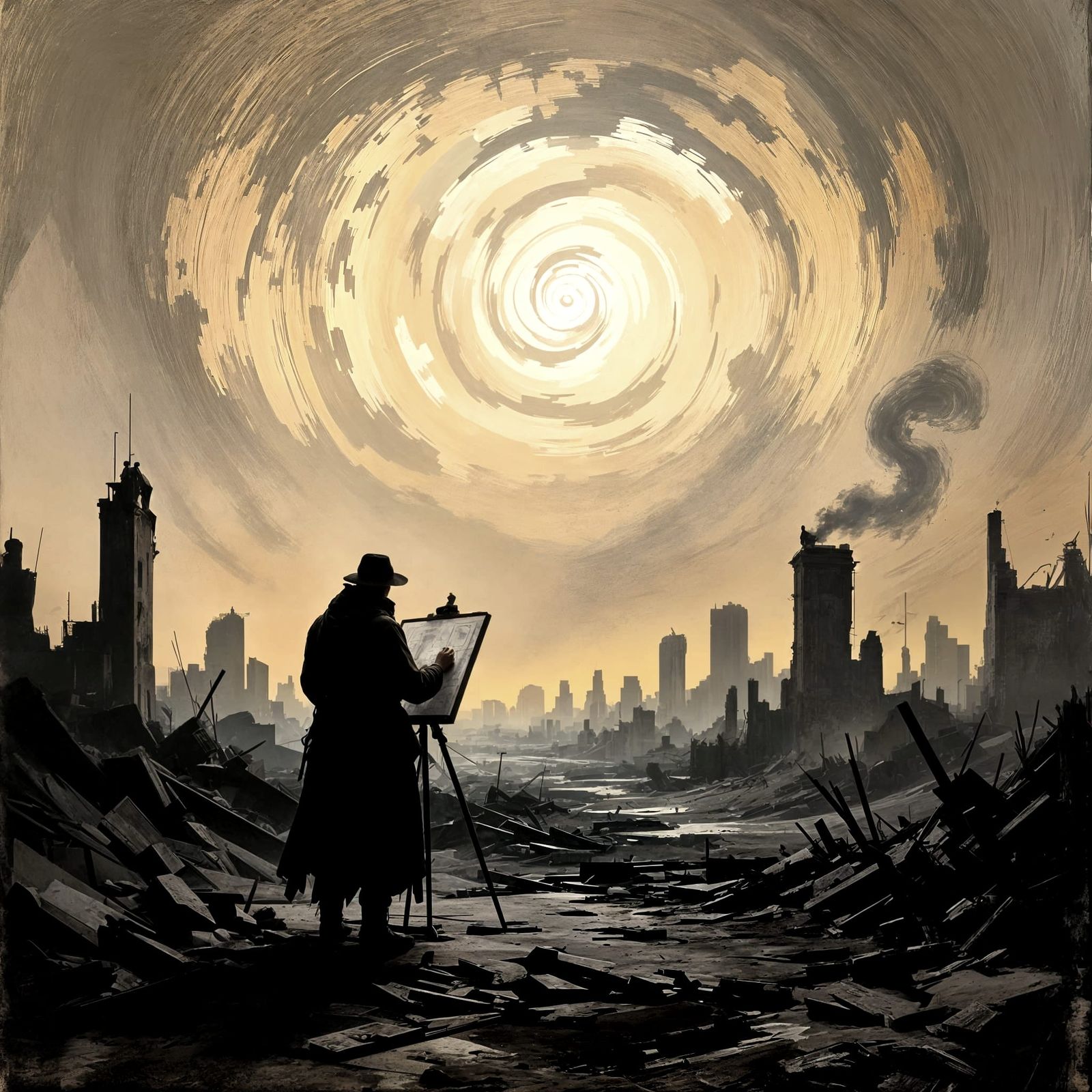 Artist Sketches War-Torn City Ruins Under Swirling Sky