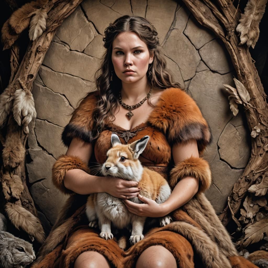 Chubby Cavewoman in Fox Hide Dress Holding Rabbit